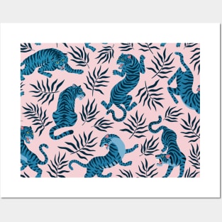 Tiger Blue Pink Tropical Leaves Trendy Modern Pattern Posters and Art